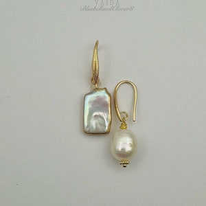 Pearl and Keshi Pearl Asymmetric 14k Gold Filled Earrings | Pearl Earrings | Asymmetric Pearl earrings | Keshi Pearl earrings