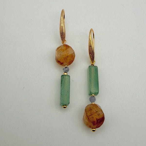 Citrine and Aventurine Asymmetric Gold earrings | Statement Gemstone Earrings |  Asymmetric Citrine earrings | Natural Citrine earrings