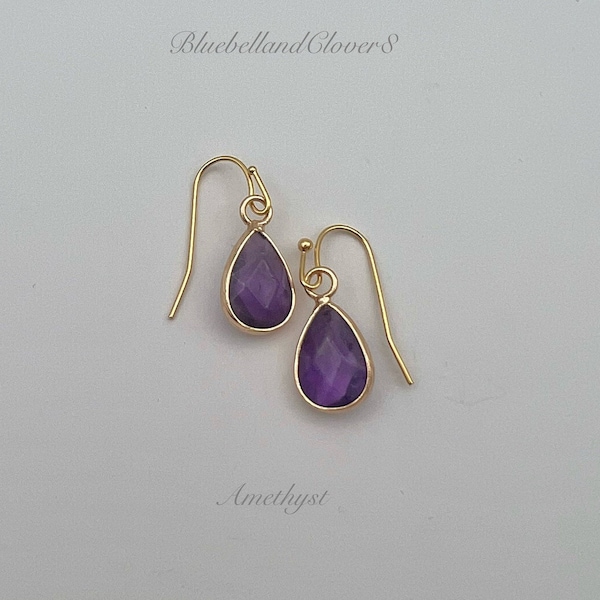 Natural Amethyst Faceted Teardrop Gold earrings | Amethyst Gold Trim Earrings| Amethyst Drop Earrings | Purple Stone earrings