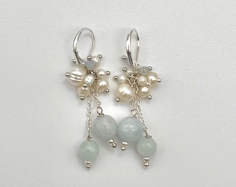 Aquamarine and Baroque Pearls Silver Earrings | Silver Aquamarine Earrings | Gemstone earrings | Pearl Aquamarine Earrings