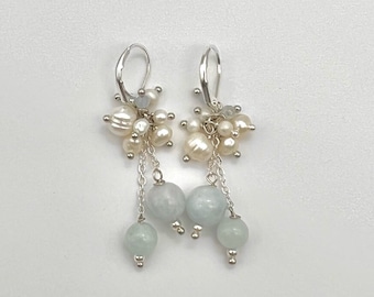 Boucles d’oreilles en argent Perles d’aigue-marine et baroques | Boucles d’oreilles aigue-marine en argent | Boucles d’oreilles en pierres précieuses | Boucles d’oreilles Pearl Aquamarine