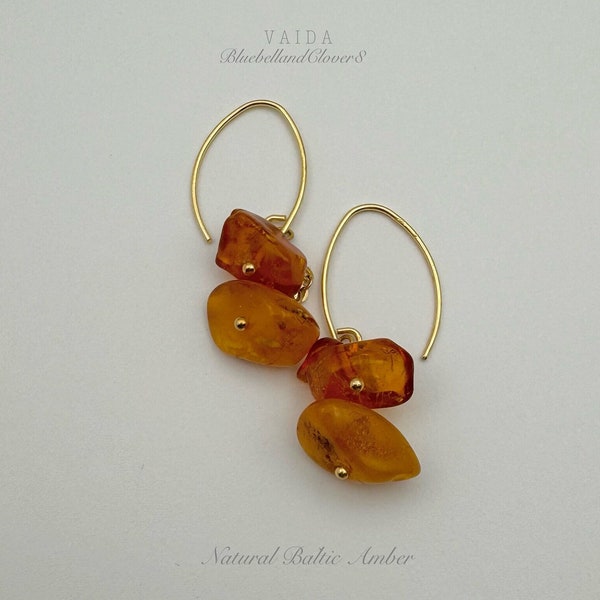 Genuine Baltic Amber Gold earrings | Natural amber earrings | Baltic Amber Earrings | Long Amber earrings