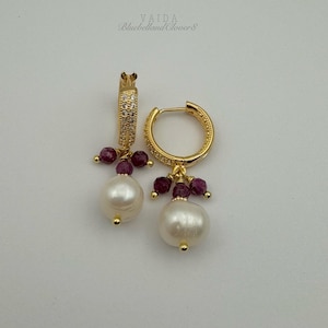 Freshwater Pearl and Ruby 24K Gold Filled Earrings | Gemstone Earrings |Keshi Pearl and Ruby Earrings | Ruby and Pearl Statement earrings