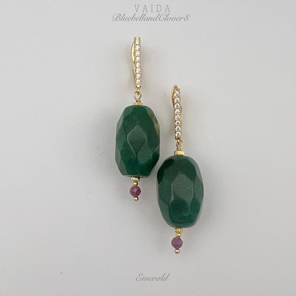 Raw Emerald earrings, Natural Emerald earrings, Raw Emerald dark green earrings, Dangle Large emerald and Ruby earrings