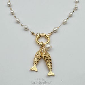 Fish pendant Pearl Necklace | Floating Pearl Fish pendant Statement Necklace | Articulated Gold Fish charm necklace