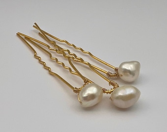 Natural Freshwater Baroque Pearl Hair Pins, Freshwater Pearl Hairpins Bride, Bridesmaids Natural Freshwater Pearl Hair Pin Set Gold