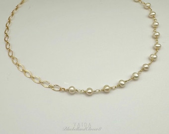 24k Gold filed chain & Freshwater pearls Necklace | Pearl Chain Necklace | Chain and pearl Choker Necklace | Half pearl half chain necklace