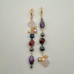 Asymmetric Amethyst, Rubies, pink pearls , Sapphire Gemstone Earrings, Statement earrings,  Amethyst Earrings | Asymmetric long earrings