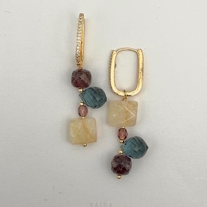 Citrine, Ruby and Blue London Topaz Asymmetric Earrings | Asymmetric earrings | Citrine Gemstone Hoops