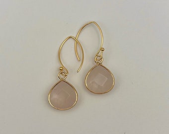 Natural Rose Quartz Teardrop Gold earrings | Rose Quartz Gold Trim Earrings| Rose Quartz Earrings | Pink Stone earrings