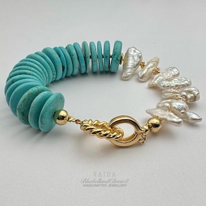 Natürliches Türkis und Biwa Perlen Armband | Chunky Turquoise Armband, Statement Armband, Biwa Perlenarmband