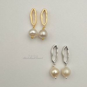 14K Gold Perle Tropfen Ohrringe | Barock Perlen Ohrringe | Perlen Tropfen Ohrringe | Ovale Ohrringe in Silber oder Gold