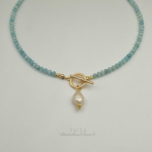 Aquamarin und Barock Perle Anhänger Toggle Halskette | Aquamarin Halskette | Aquamarin Perlen Toggle Halskette
