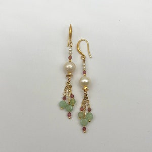 Burmese Jade Natural pearls and Pink Tourmaline statement earrings | Jade earrings | Pink tourmaline earrings | Gemstone Earrings