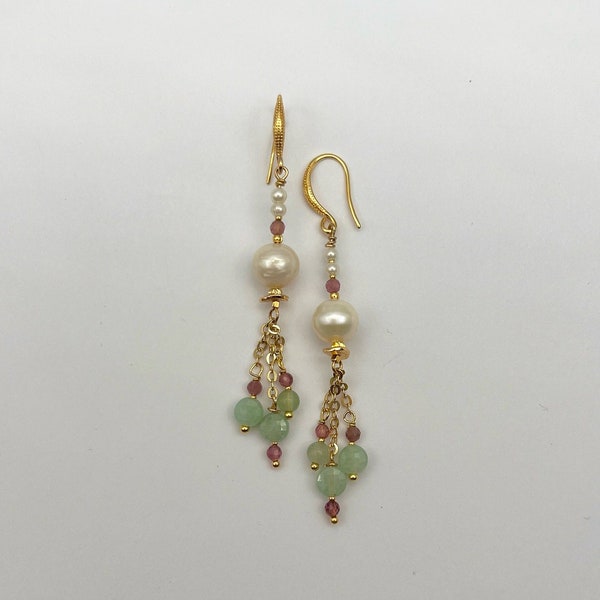 Burmese Jade Natural pearls and Pink Tourmaline statement earrings | Jade earrings | Pink tourmaline earrings | Gemstone Earrings