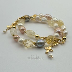 Pulseira de pérolas barrocas de cores citrinas e misturadas em ouro 14k, pulseira de declaração, pulseira de citrino, pulseira de pedras preciosas mistas, pulseira de pérolas