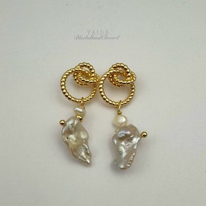 Gold Knot and Keshi Pearl Earrings | Gold Pearl Drop Earrings | Knot Earrings Keshi Pearl Earrings | Gold Love Knot Stud Earrings