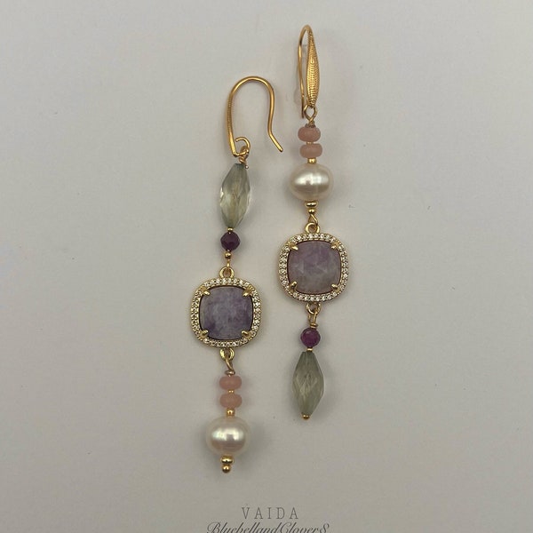 Green Amethyst Amethyst and Pearl Gold Asymmetric Earrings | Asymmetric Gemstone  Earrings | Amethyst Earrings | Asymmetric earrings