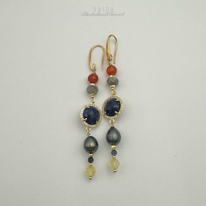 Lapis Lazuli  Carnelian Gemstone Gold Earrings | Genuine Lapis Lazuli Earrings | Gemstone earrings | 14k Gold filled Statement Long earrings