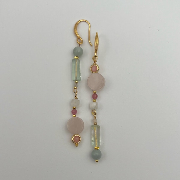 Green Fluorite, Rose Quartz, Jade, Moonstone and Pink Opal Long earrings |Gemstone earrings | Long Dangle Earrings | Statement Earrings