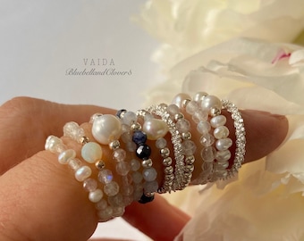 Sterling silver Gemstone stretch rings |Stacking opal, pearl, Aquamarine, blue sapphire, rose quartz, moonstone stretch elastic ring set