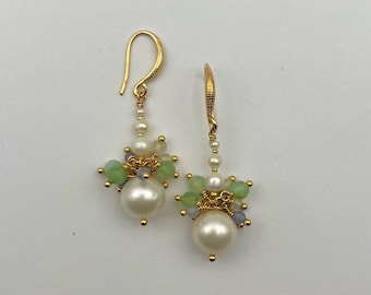 Pearl Earrings 14K Gold Filled | Pearl Gemstone Earrings | Pearl Statement earrings Pearl with Tanzanite, Prehnite & Chrysoprase