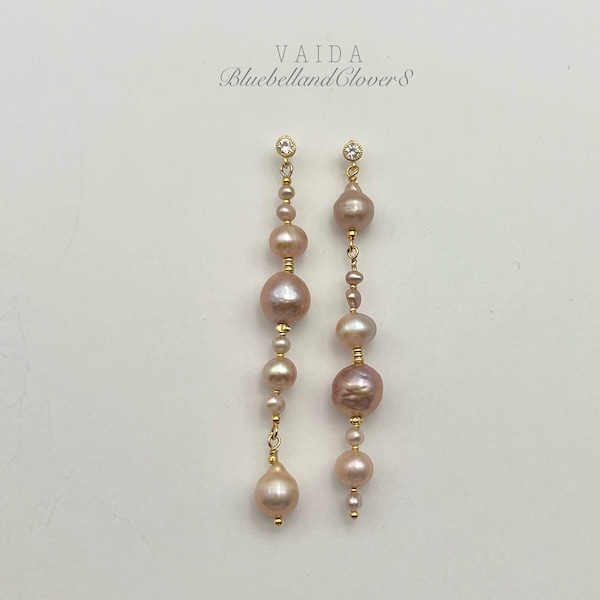 Edison Pink Pearl asymmetric Long Earrings| Pearl Earrings | Pink Baroque Pearl Earrings | Asymmetric Pearl earrings | Statement Earrings