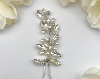 Silver Crystal Hair Pin| Wedding Hairpin | Hair Pin for Bride | Crystal Pearl Silver Hairpiece |Bridal Headpiece | Rhinestone Leaves Hairpin