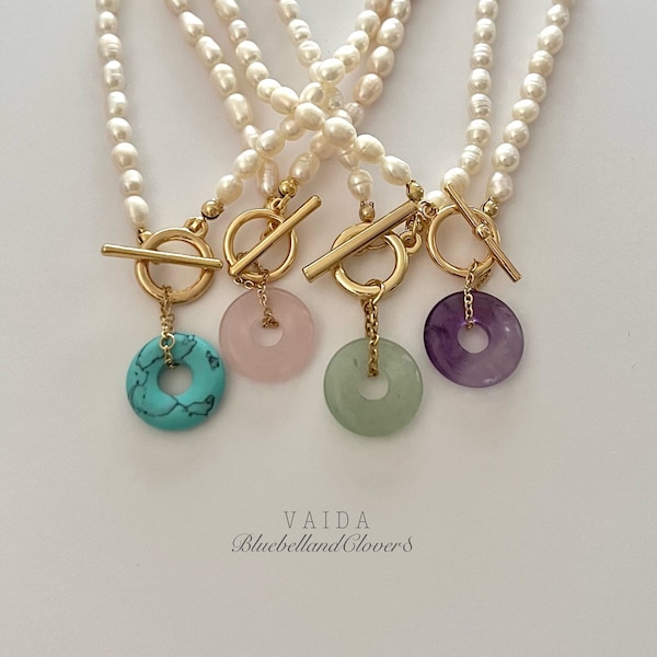 Pearl Necklace with Rose Quartz, Amethyst, Turquoise, Labradorite or Green Jade Donut pendant  | Pearl Choker, Donut pendant,