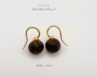 Black Raw Baltic Amber 14k Filled Gold Earrings | Baltic Amber Earrings | Natural Black Amber| Untreated Amber Earrings | Petite earrings