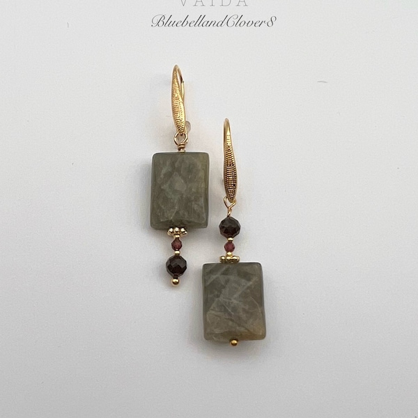 Asymmetric Labradorite and Garnet 14k Gold fille Earrings | Labradorite Earrings | Asymmetric Earrings | Gemstone earrings