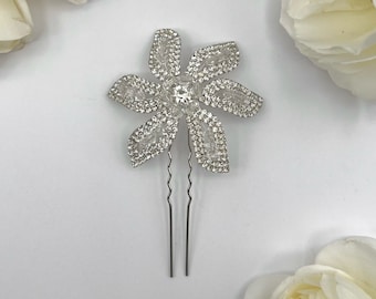 Silver Crystal Flower Bridal Hair Pin | Wedding Hairpin | Hair Pins for Bride |Crystal Hairpiece | Bridal Headpiece | Bridal Crystal Flower