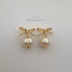 Pearl 18k Gold Ribbon Bow Earrings | Pearl Drop Earrings | Wedding Earrings| Bride Pearl Earrings| Gold Bow Stud Earrings