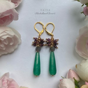 Green Jade, Garnet and Labradorite Gold earrings | Green Jade Earrings | Gemstone earrings | Statement earrings