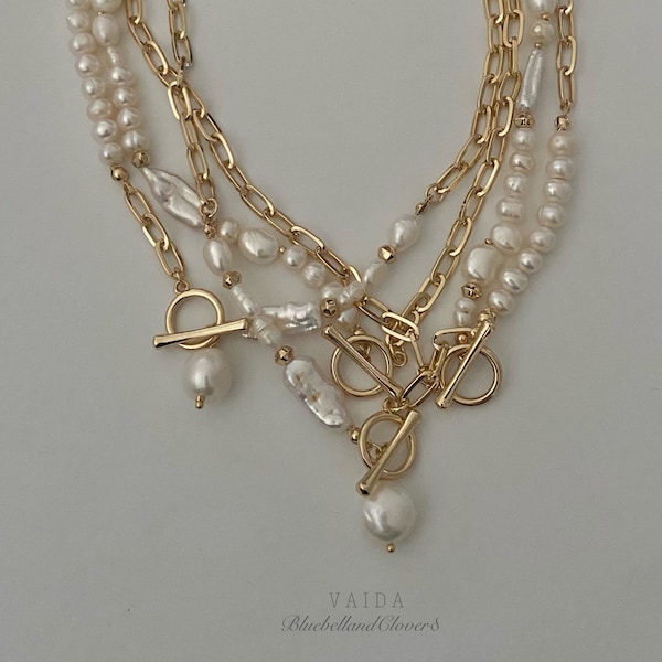 Collier à bascule chaîne en plaqué or et perles baroques | Collier chaîne à maillons de perles baroques | Collier ras du cou avec chaîne et maillons trombone