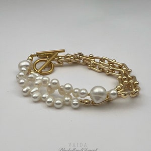 Chunky Chain Link 14k Gold Filed Bracelet with Natural Pearl, Statement Bracelet, Graduated Bracelet, Layering Bracelet, Half Chain Bracelet