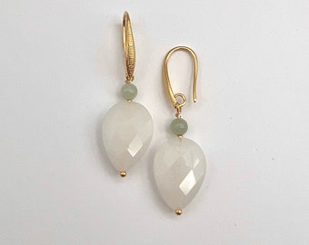 White Jade Teardrop 18K Gold Filled Earrings |Burmese Jade earrings |White Jade earrings | Large Jade earrings | Green & White Jade earrings
