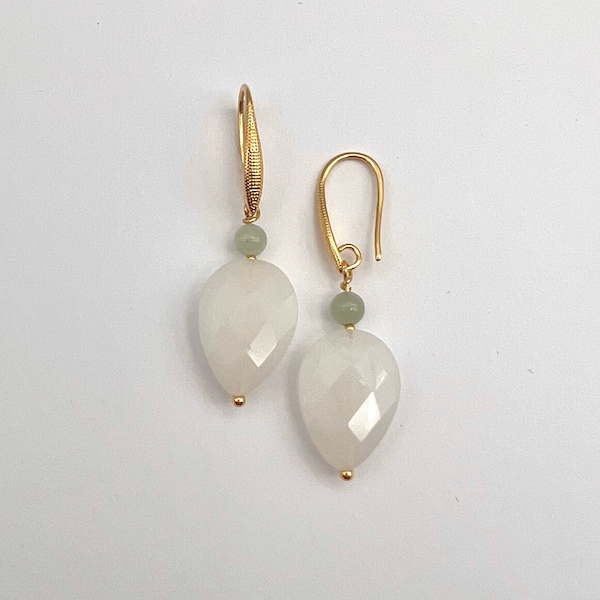 White Jade Teardrop 18K Gold Filled Earrings |Burmese Jade earrings |White Jade earrings | Large Jade earrings | Green & White Jade earrings