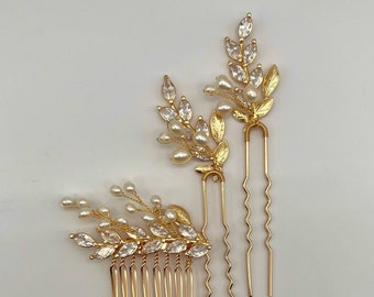 Natural pearl Gold Leaves Hairpin | Pearl Gold Leaves hair pin | Natural Pearl Hairpiece | Bridal Headpiece | Natural real pearl hair comb