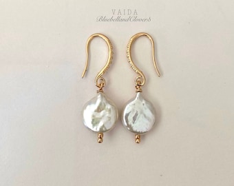 Keshi Pearl Drop Gold Earrings, Freshwater Biwa Pearl Earrings, Coin Pearl earrings, Keshi Pearl Earrings