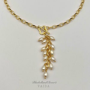 24k Gold filled Cable Chain with Natural pearl Lariat Necklace | Pearl Pendant Link Chain Necklace | Pearl Pendant | Clover Toggle Necklace