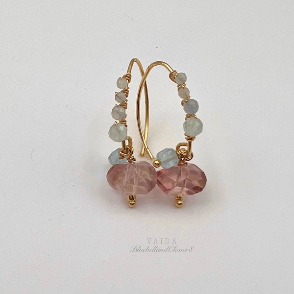 Aquamarine and pink Tourmaline 14k Gold filled Earrings | Gemstone earrings | Aquamarine earrings | Pink Tourmaline Earrings