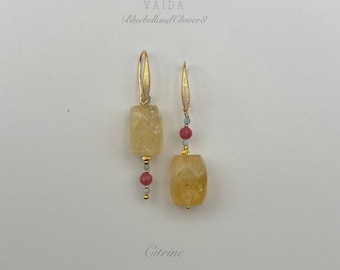 Citrine & Pink Tourmaline Asymmetric Gold earrings | Statement Gemstone Earrings | Citrine earrings | Large Citrine earrings
