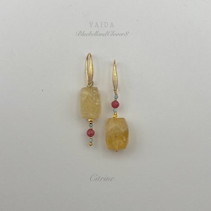 Citrine & Pink Tourmaline Asymmetric Gold earrings | Statement Gemstone Earrings | Citrine earrings | Large Citrine earrings