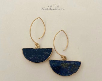 Lapis Lazuli Gold filled Earrings | January Birthstone | Genuine Lapis Lazuli Fan shape Earrings | Semicircle Blue Stone earrings