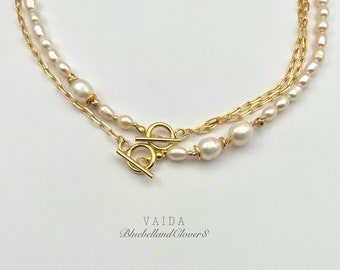 Half Gold paperclip chain half pearls toggle Necklace | Multi Way Half pearl half paperclip chain necklace| Pearl Chain Necklace