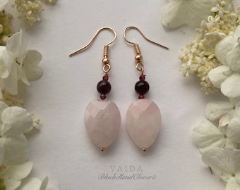 Rose Quartz Teardrop stones, Garnet & Ruby Gold earrings | Rose Quartz Earrings|  Gemstone earrings | Pink Stone earrings