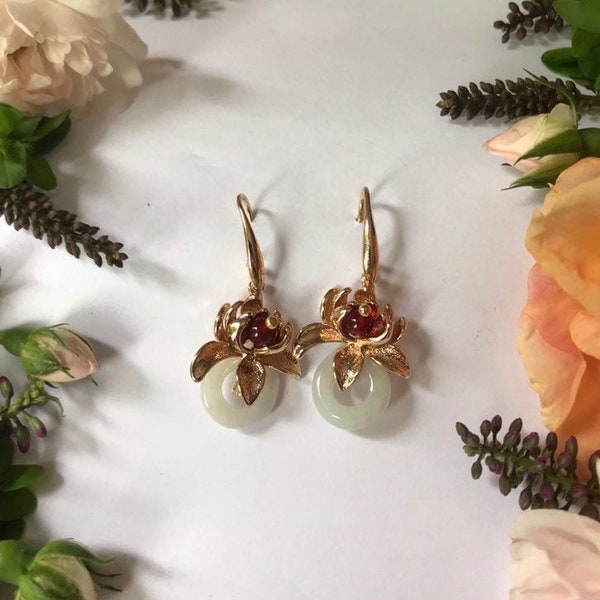 Gold Lotus Flower Green Aventurine with Garnet Beads Statement Earrings