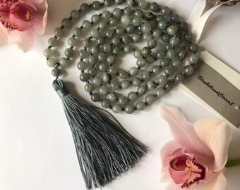 Labradorite Mala Necklace | Hand Knotted 108 Mala Beads | Mala Yoga Necklace | Japa Mala, Meditation, Bohemian Necklace, Aura Protector