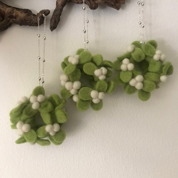 Wool Felted Cute Mistletoe Mini Wreath on Silver Chain | Felt Wreath | Hanging Mistletoe | Felted  Christmas decoration | Cute Mistletoe